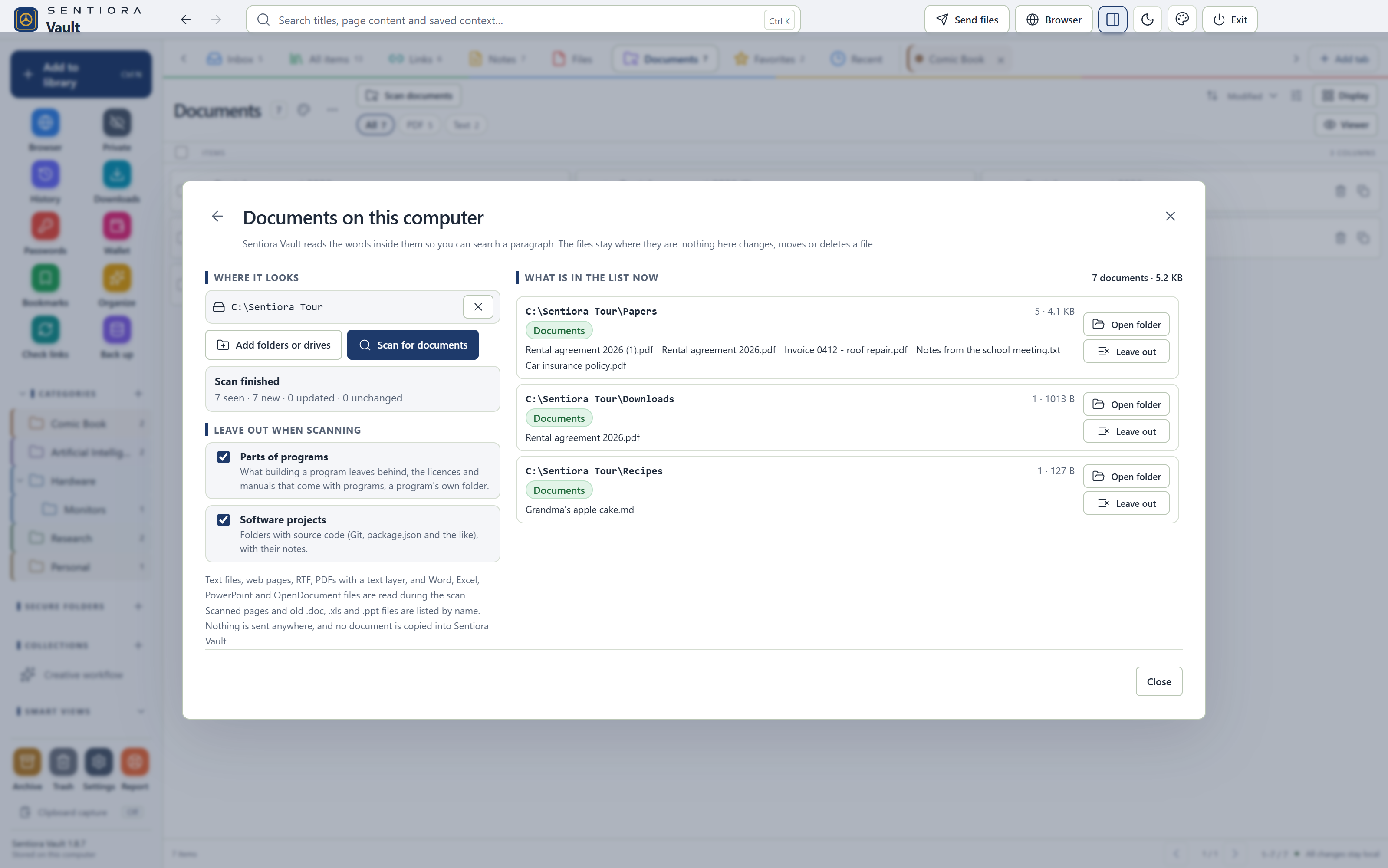 The Documents screen of Sentiora Vault with chosen folders and the count of documents read.