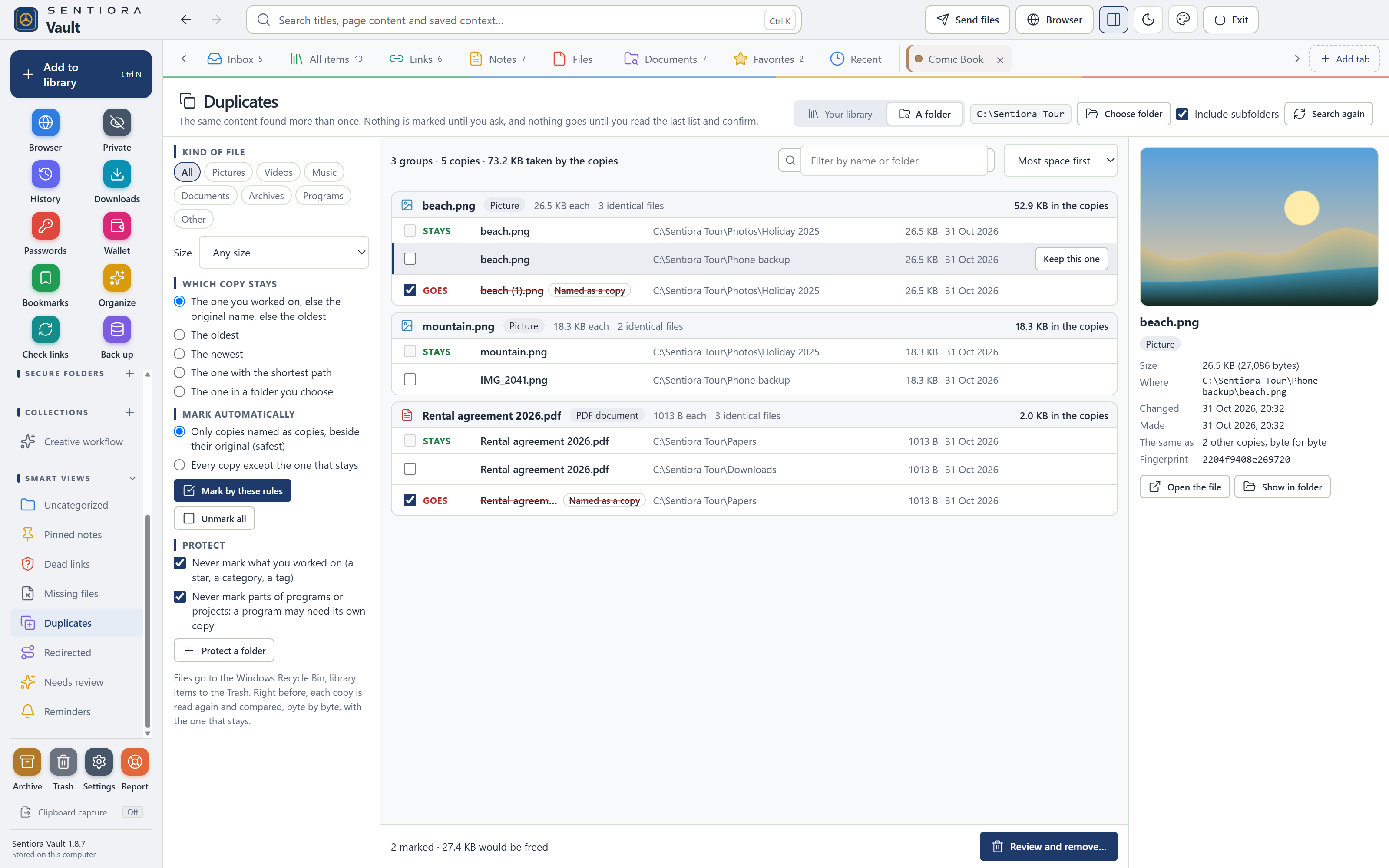 The Duplicates screen of Sentiora Vault listing copies with size, folder and a preview picture.