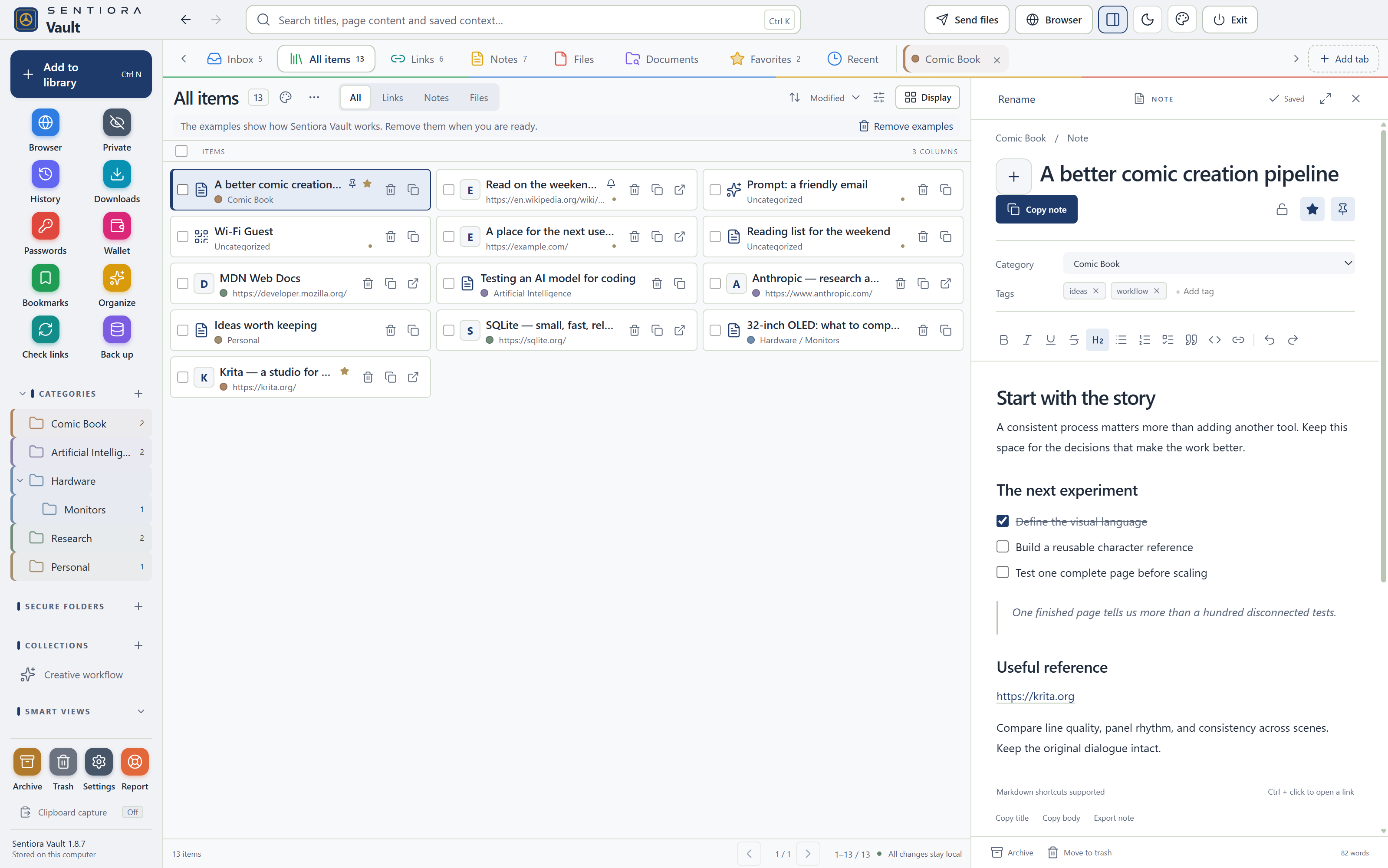 Sentiora Vault library with a list of links, notes and files, and a note open beside the list.