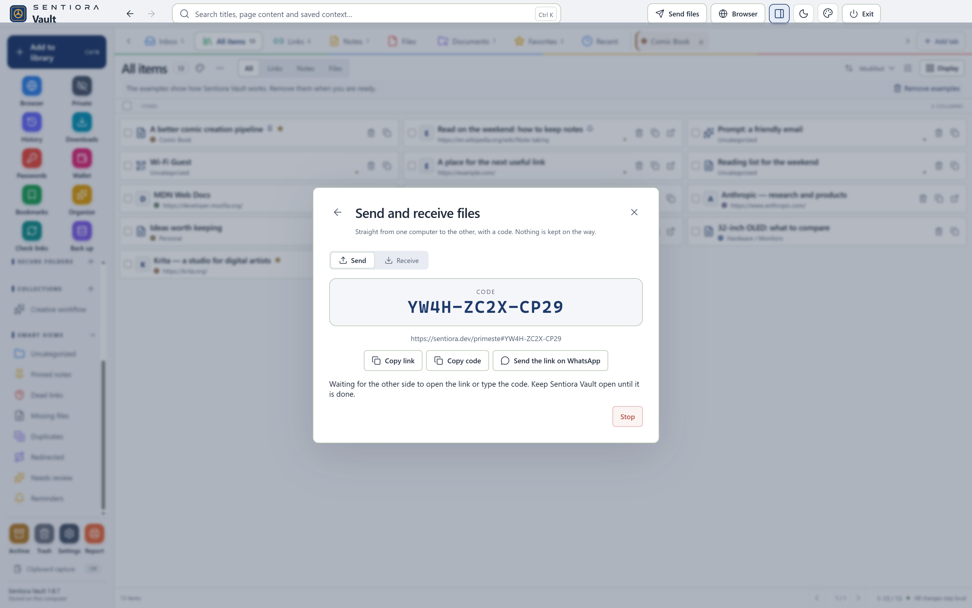 The Send files screen of Sentiora Vault showing a code and a link to give to the person who receives.